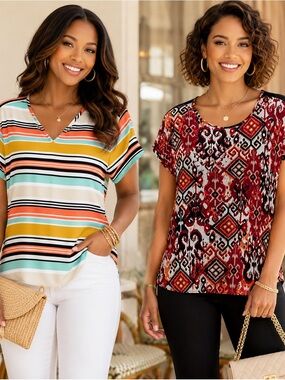 Van Heusen Striped V-Neck Short Sleeve Top in Yellow, Teal & Black